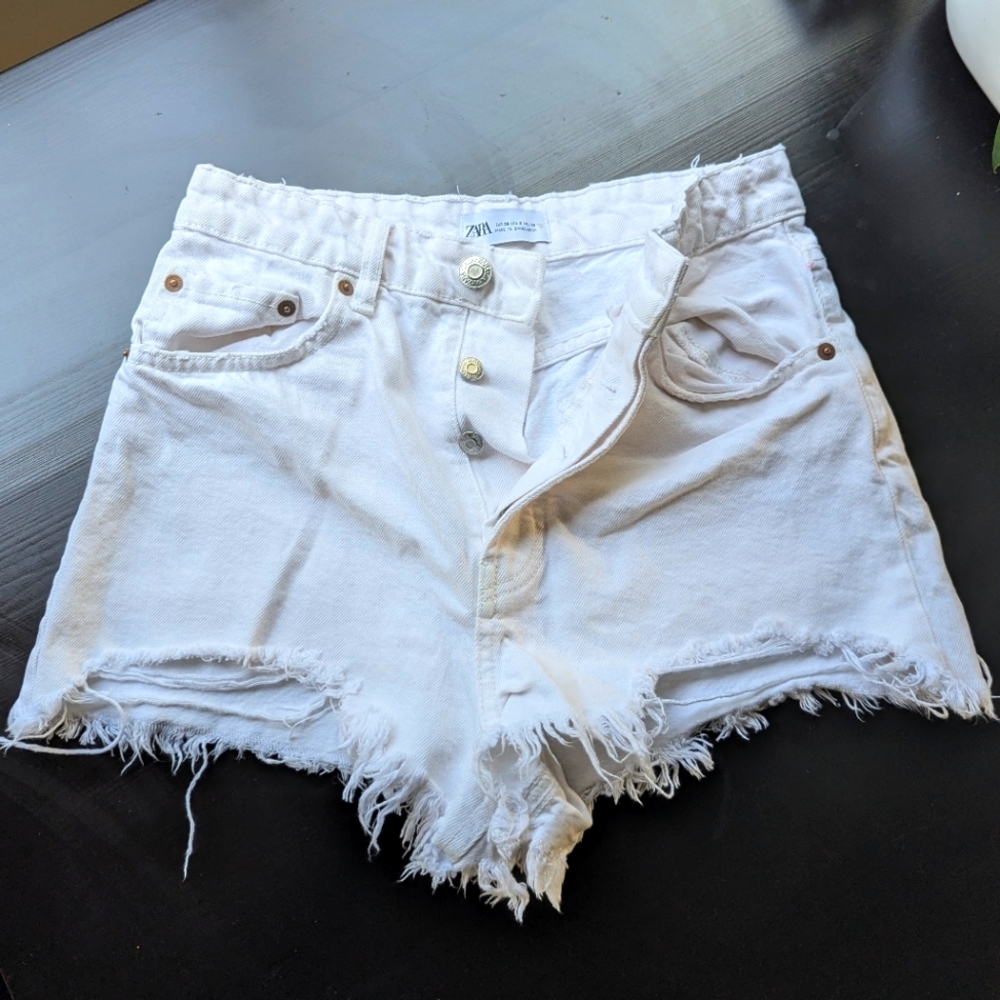 Zara White Distressed Jean Shorts